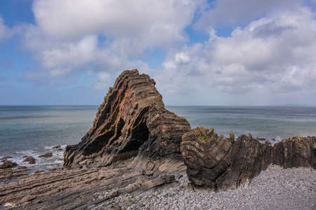 Stunning aerial drone flying landscape image of Blackchurch Rock on Devonian Geological formation in...