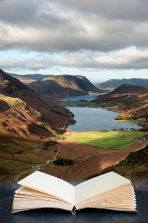 Digital composite image of Epic Autumn Fall landscape of Buttermere and Crummock Water in pages of...