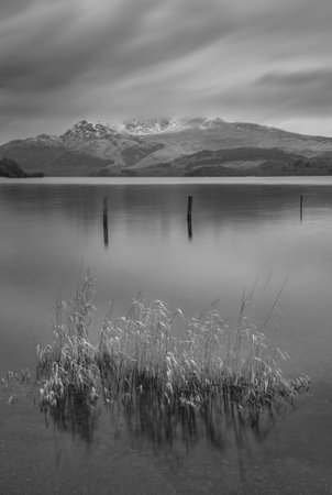 Black and white Stunning landscape image of Loch Lomond and snowcapped mountain range in distance viewed from small village of Lussの写真素材