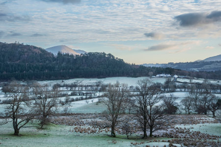 Dramatic Winter landscape image looking across countryside in Lake District with hard frost on the ground and crisp blue skyの写真素材