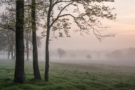 Beautiful foggy sunrise in English countryside with soft pastel sky and calm feelingの写真素材