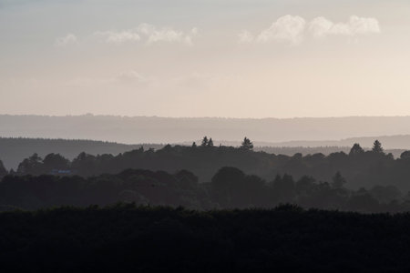 Beautiful late Summer evening sunset with vibrant colours in South Downs National Park UKの写真素材
