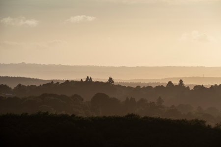 Beautiful late Summer evening sunset with vibrant colours in South Downs National Park UKの写真素材