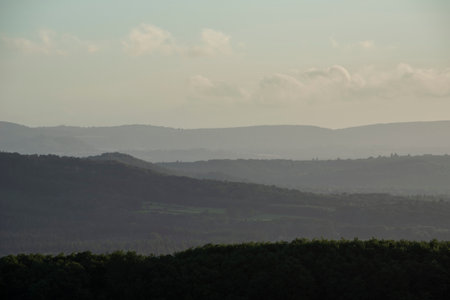 Beautiful late Summer evening sunset with vibrant colours in South Downs National Park UKの写真素材