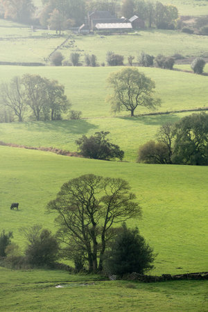 Beautiful wide vista landscape image of English countryside in Peak District National Parkの写真素材