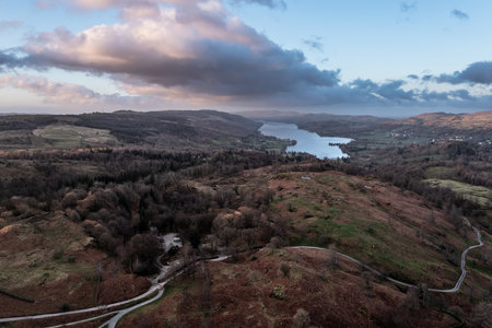 Stunning aerial drone landscape image of Lake District during Spring vibrant sunsetの写真素材