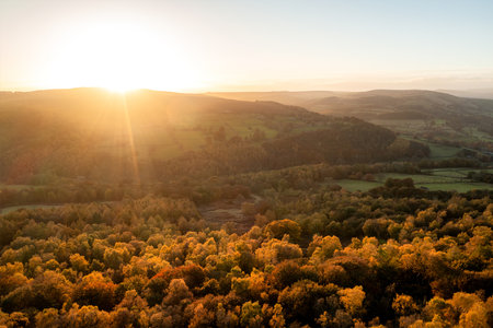 Beautiful aerial drone landscape image of Autumn Fall forest in misty morning in Peak District during peak colourの写真素材