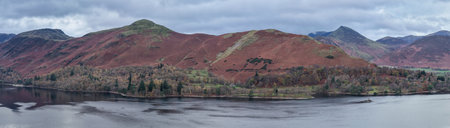 Large panorama landscape image of Catbells and Derwentwater in Lake District in Autumnの写真素材