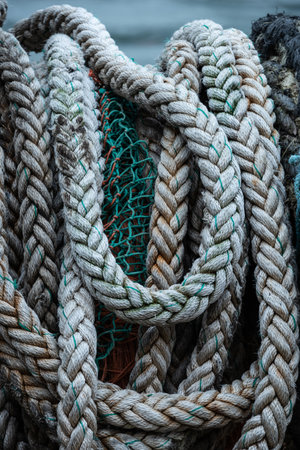 Detailed image of fishing industry weathered nets and ropes paraphenaliaの写真素材