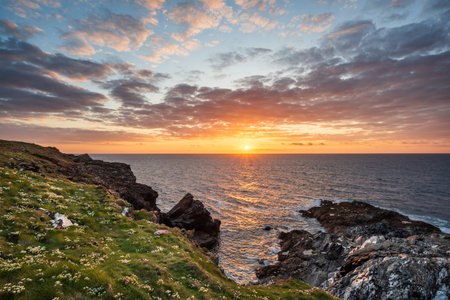 Stunning Summer sunset landscape image of Pentire Headland in Cornwall England with dramatic sky