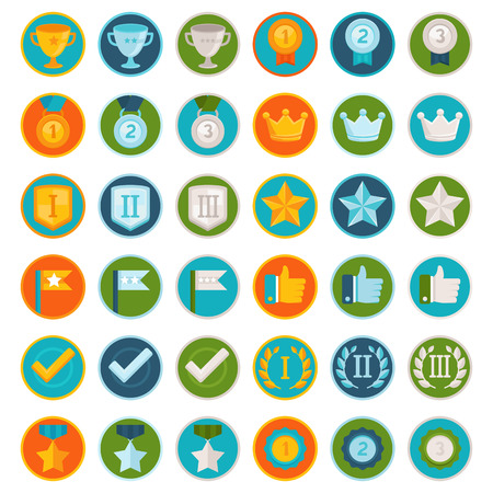 Vector set of 36 flat gamification icons - achievement badges in trendy style for apps and websites, involvement in participation in online business and education