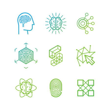 Vector logo design templates and icons in trendy linear style - virtual reality, brainstorming, three-dimensional projection, new media art - abstract technology concepts Vector logo design templates and icons in trendy linear style - virtual reality, brainstorming, three-dimensional projection, new media art - abstract technology concepts
