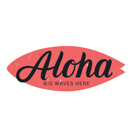 Aloha surfing lettering. calligraphy illustration. Summer apparel print design. Surf silhouette with grunge texture for print, card, shirt, poster.のイラスト素材