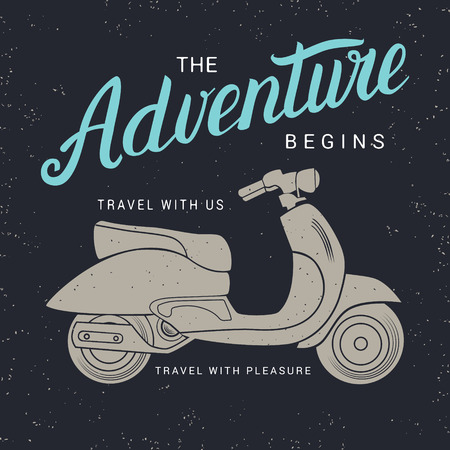 The adventure begins poster.  lettering typography. Isolated on grunge background. Perfect design element. Apparel design elements.のイラスト素材