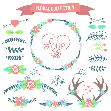 Floral Collection. Set of cute retro flowers and branches arranged un a shape of the wreath perfect for wedding invitations and birthday cards. Boho style.のイラスト素材