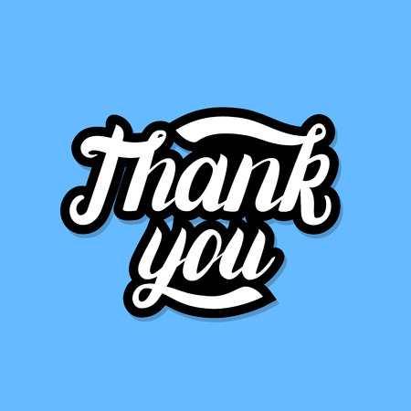 Thank you lettering for poster, card or tee print. White word with black shadow on blue background.のイラスト素材