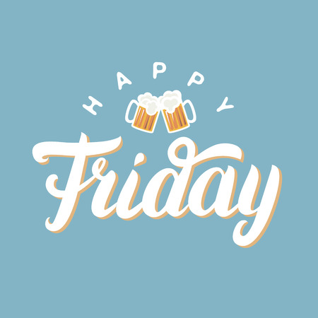Happy friday hand lettering for greeting card with two beer on blue background. Inspirational quote.のイラスト素材