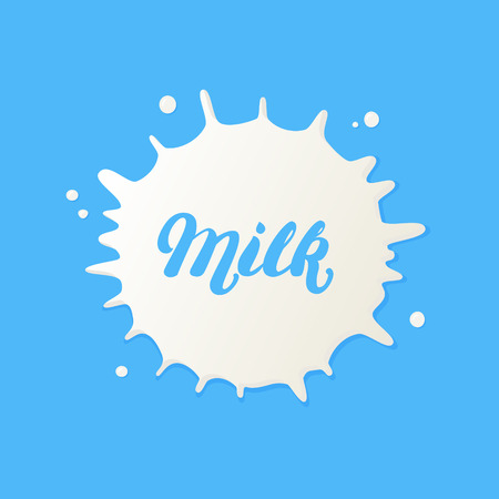 White milk splash. Blot on blue background. Milk lettering.のイラスト素材
