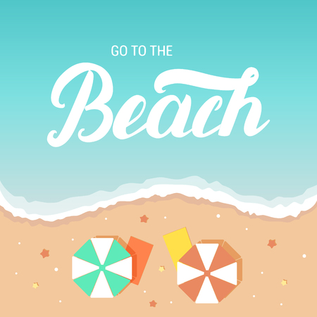 Go to the beach hand lettering on sea and beach background with umbrella and deckchair.のイラスト素材