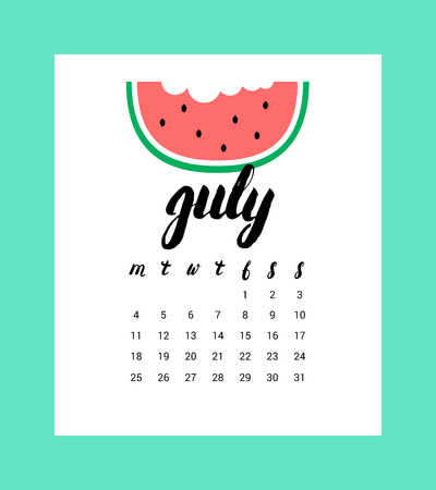 Calendar for July 2016. July hand written lettering. Watermelon background.のイラスト素材