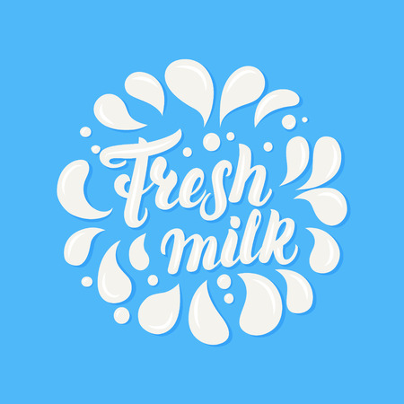 Fresh milk hand written lettering. Milk logo, label or badge for groceries, agriculture stores, packaging and advertising. Logotype design. Vector illustration.のイラスト素材