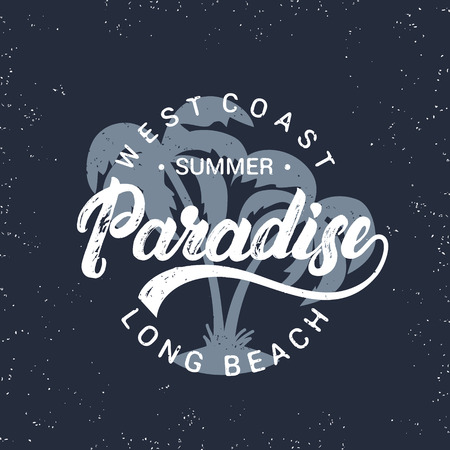 Summer paradise hand written lettering with palms illustration. Vintage tee print. Grunge texture. Dark background. Vector illustration.のイラスト素材