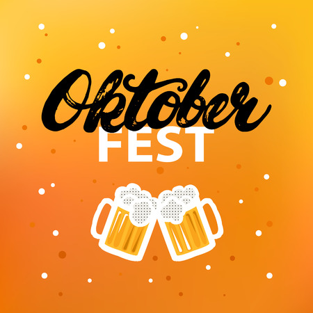 Octoberfest written calligraphy lettering poster or card on beer background. Mugs of beer. Brush ink texture. Modern calligraphy. illustration.のイラスト素材