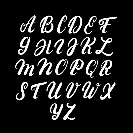 Hand written uppercase alphabet. Modern brushed lettering. White letters isolated on black background. Vector illustration.のイラスト素材