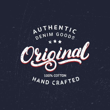 Original hand written lettering for label, badge, tee print. Denim wear. Apparel design. Grunge texture. Vector illustration.のイラスト素材