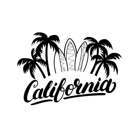 California hand written lettering with palms and surfboards. Surf poster, tee print. Isolated on white background. Vector iilustration.のイラスト素材