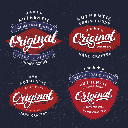 Set of Originals hand written lettering for label, badge, tee print. Denim wear. Apparel design. Grunge texture. Vector illustration.のイラスト素材