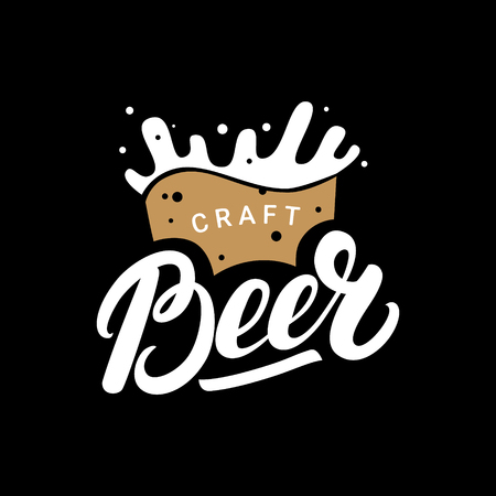 Craft beer hand drawn lettering logo, label, badge for bar, beer festival, pub, brewery with mug. Isolated on black background. Vector illustration.のイラスト素材