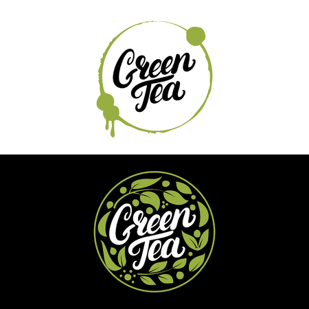 Set of Green Tea hand written lettering with splash and leaves for logos, labels, badge, emblem. Isolated on black background. Vector illustration.のイラスト素材