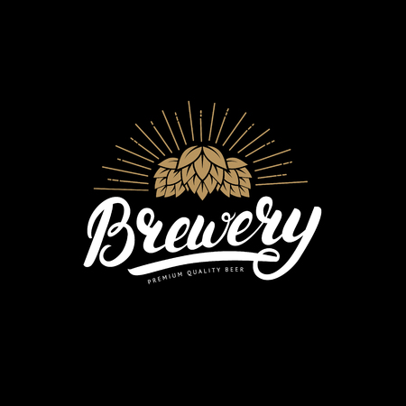 Brewery hand written lettering logo, label, badge template with hop for beer house, bar, pub, brewing company, tavern, wine whiskey market. Black background. Vintage style. Vector illustration.のイラスト素材
