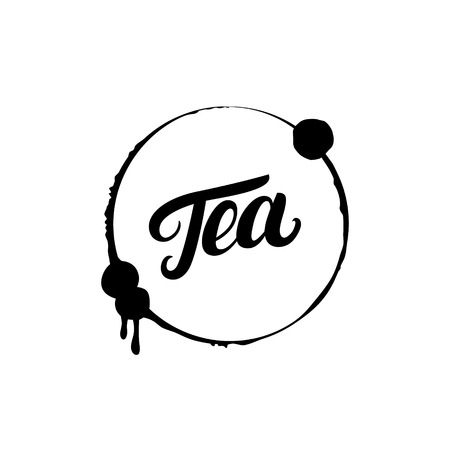 Tea hand written lettering logo, label, badge, emblem with splash. Isolated on white background. Vector illustration.のイラスト素材