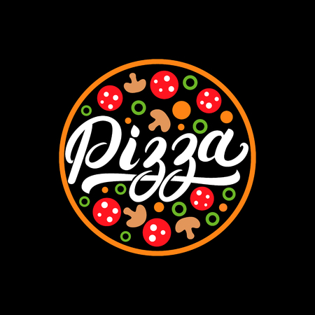Pizza hand written lettering logo, label, badge. Emblem for fast food restaurant, pizzaria, cafe. Isolated on background. Vector illustration.のイラスト素材