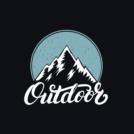 Outdoor hand written lettering with mountains. Vintage tee print, logo, label, badge, emblem. Vector illustrationのイラスト素材