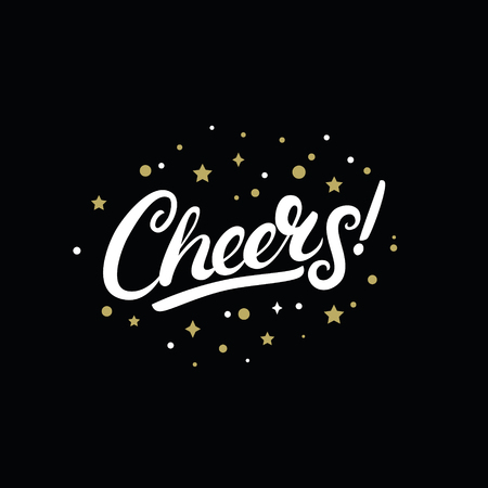 Cheers hand written lettering on black background. Modern brush calligraphy with golden stars for greeting cards and banners. Vector illustration.のイラスト素材
