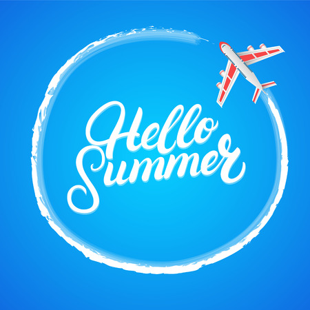 Hello Summer hand written lettering and plane in the sky. Modern brush calligraphy for invitation, greeting card, prints and posters. Vacation. Holidays. Vector illustration.のイラスト素材