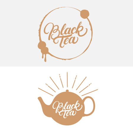 Set of Black Tea hand written lettering logos, labels, badge, emblem. Isolated on white background. Vector illustration.のイラスト素材