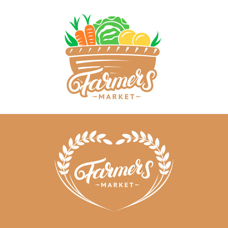 Set of Farmers Market hand written lettering logos, labels, badges, emblems. Vintage retro style. Isolated on background. Vector illustration.のイラスト素材