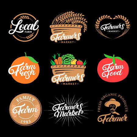 Set of Farm hand written lettering logos, labels, badges, emblems for farmers market, food, local farm. Vintage retro style. Isolated on background. Vector illustration.のイラスト素材