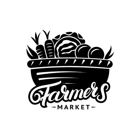 Farmers Market hand written lettering logo, label, badge, emblem. Vintage retro style. Isolated on background. Vector illustration.のイラスト素材