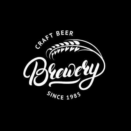 Brewery hand drawn lettering logo, label, badge, emblem with ear of wheat. Vintage retro style. Isolated on background. Vector illustration.のイラスト素材