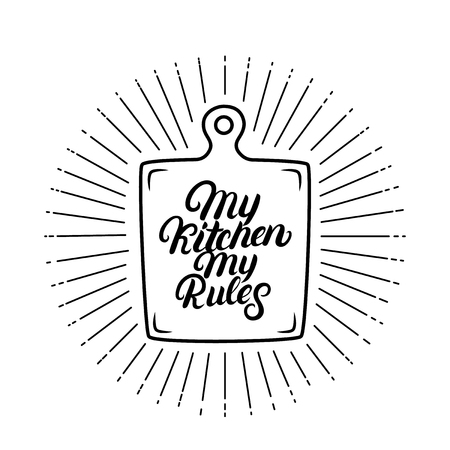 My kitchen my rules hand written lettering quote. Calligraphy phrase with cutting board. Kitchen decorate. Isolated on white background. Vector illustration.のイラスト素材