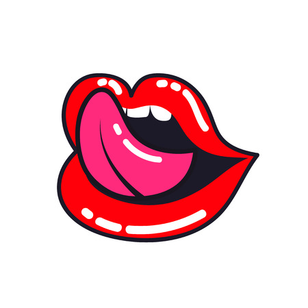 Female lips. Woman mouth with a tongue, teeth. Retro style. Isolated on white background. Vector illustration.のイラスト素材