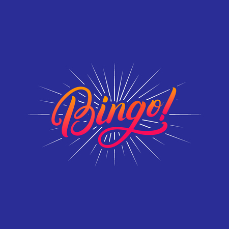 Bingo! hand written lettering quote for greeting card, poster, print. Modern brush calligraphy. Isolated on blue background. Vector illustration.のイラスト素材