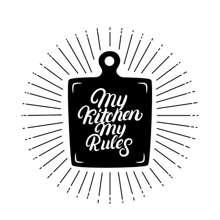 My kitchen my rules hand written lettering quote. Calligraphy phrase with cutting board. Kitchen decorate. Isolated on white background. Vector illustration.のイラスト素材