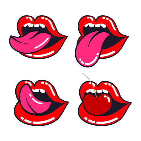 Female lips set. Woman mouth with a tongue, teeth and cherry. Retro style. Isolated on white background. Vector illustration.のイラスト素材