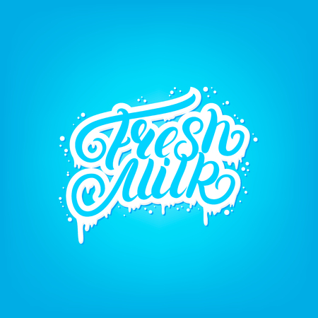 Fresh Milk hand written lettering quote for logo template, label, badge, emblem with drops and drips. Use for groceries, agriculture stores, packaging and advertising. Vector illustration.のイラスト素材